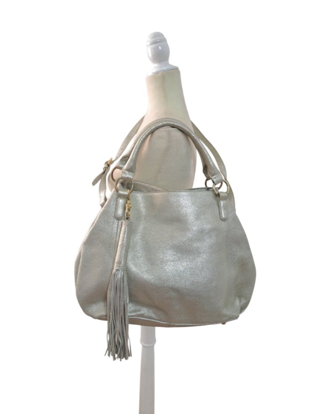 G.I.L.I. Women's Heritage Leather Hobo Tote Shoulder Bag Silver With Strap - Picture 5 of 9